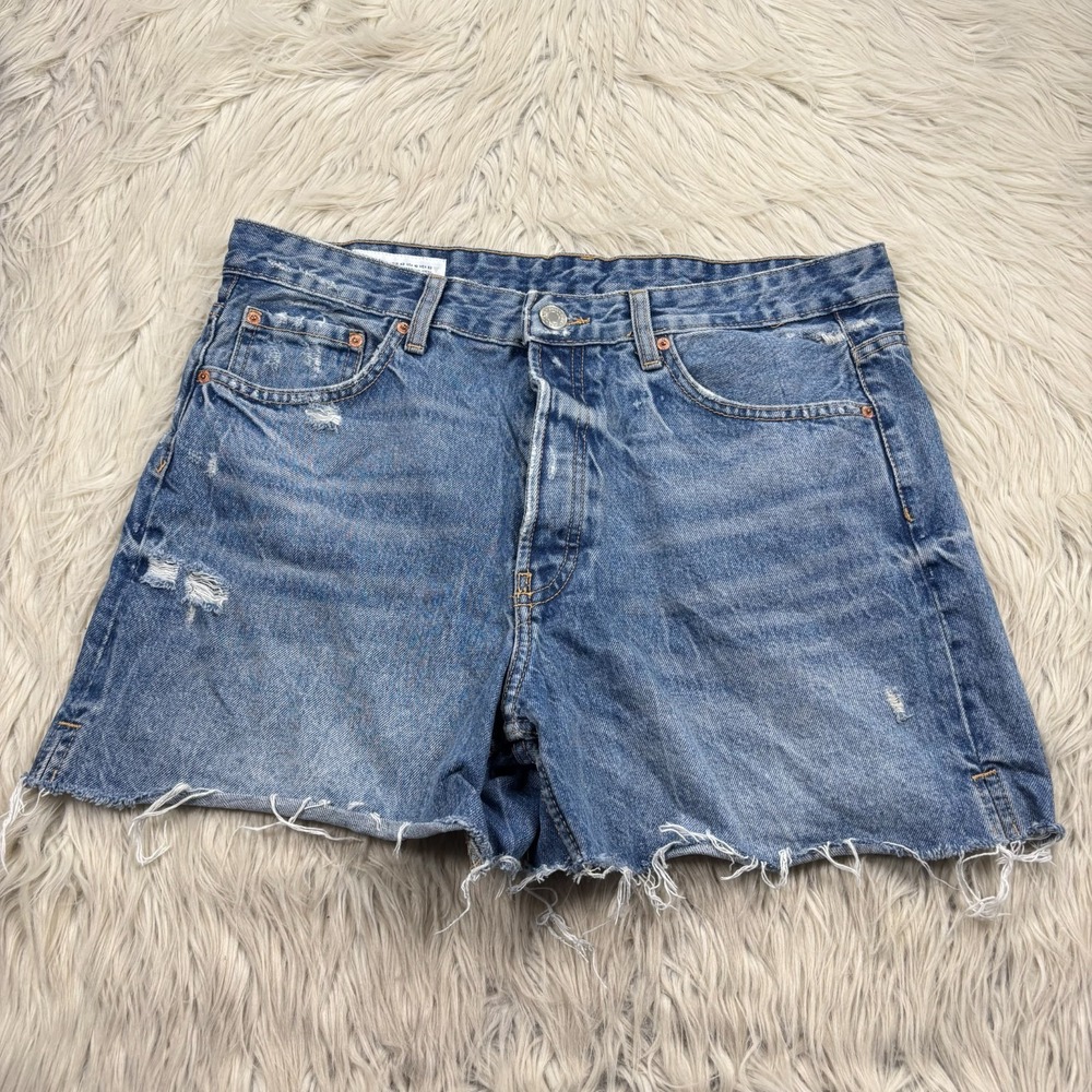 Zara Women's 10 Distressed High Rise Denim Shorts Relaxed Button Fly Festival
